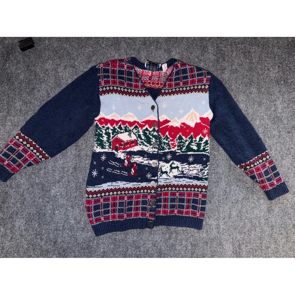Northern Reflections Vintage Winter Scenic Cardigan Sweater Cabin Plaid Small